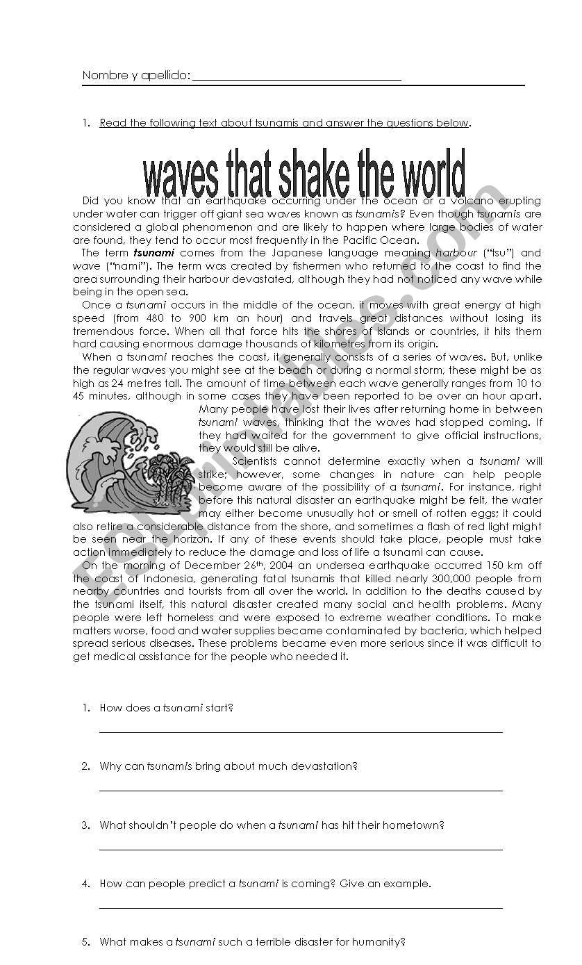 Tsunami Comprehension test worksheet