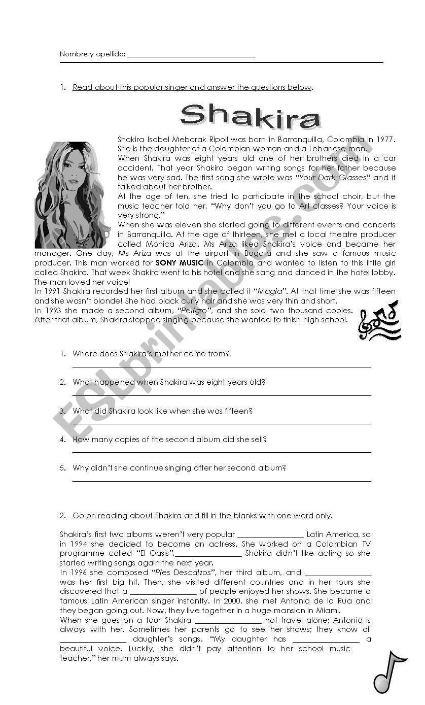 Favourite singers SHAKIRA worksheet