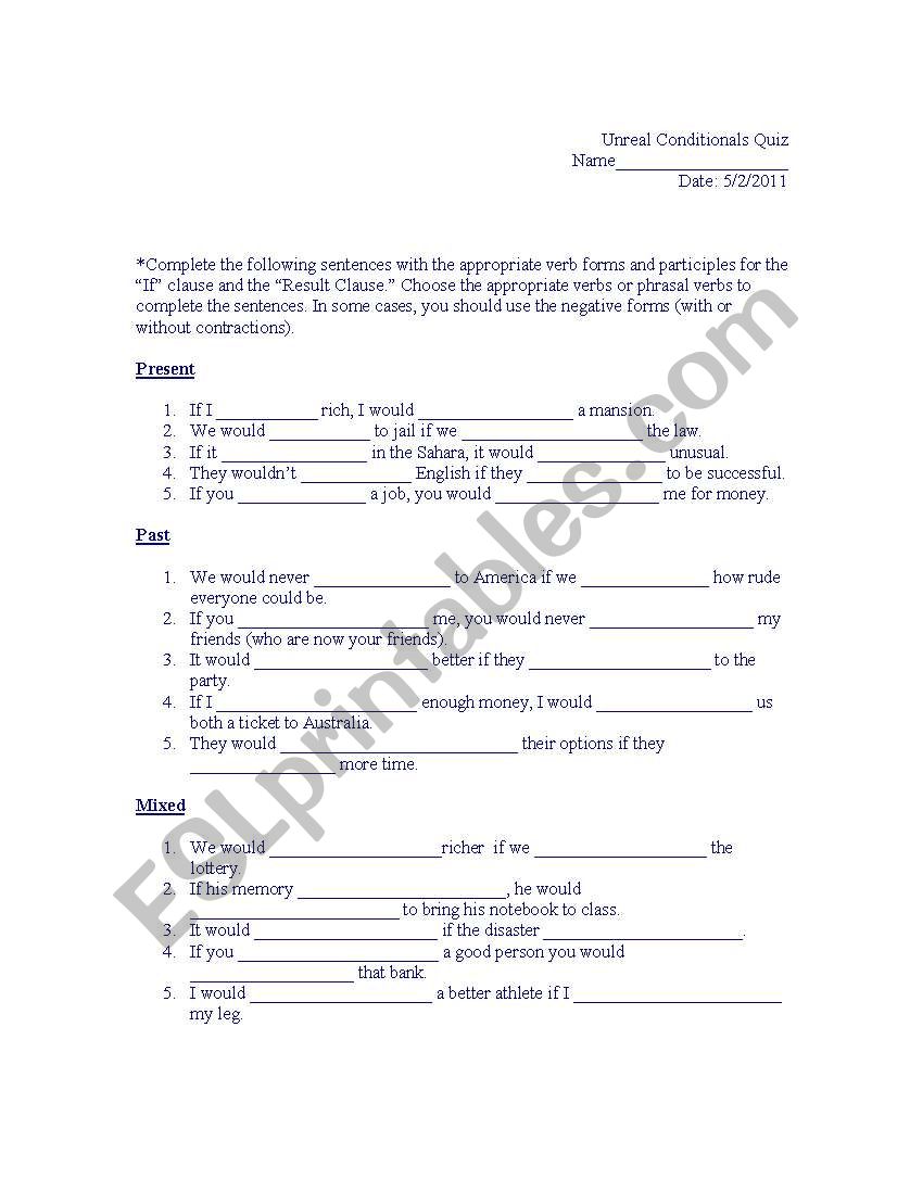 Unreal Conditionals Quiz worksheet