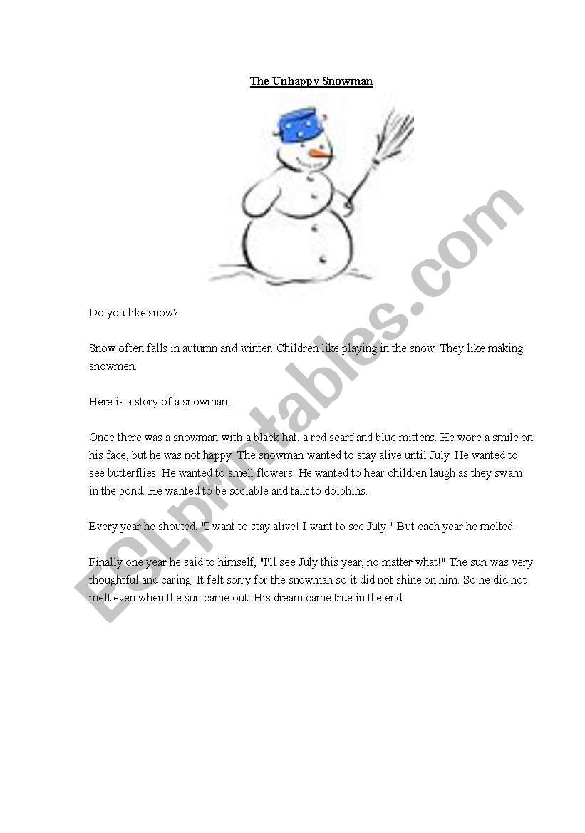 The Unhappy Snowman worksheet