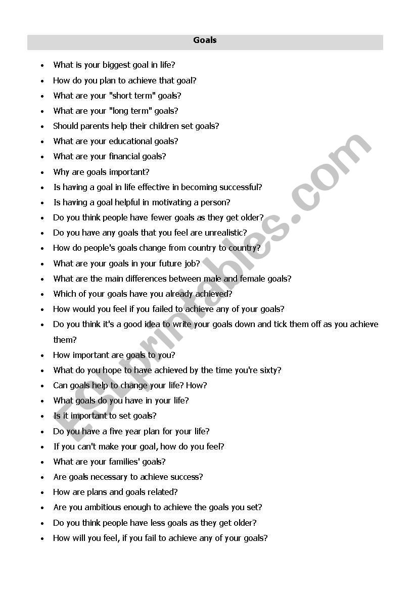 Goals worksheet