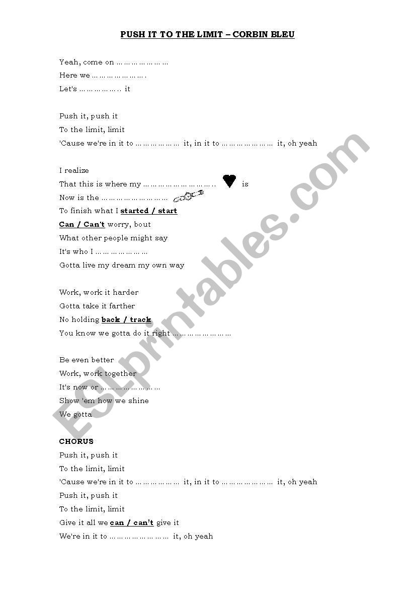English worksheets push it to the limit corbin bleu