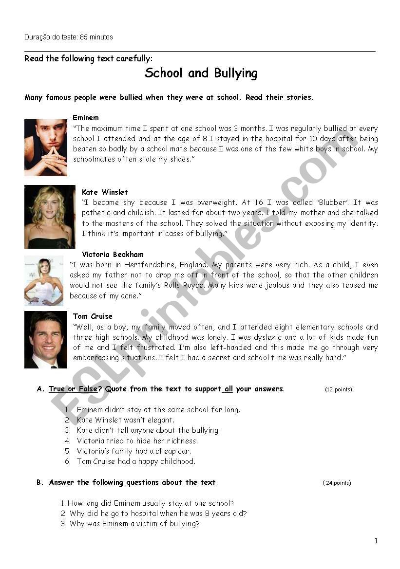 School and Bullying worksheet