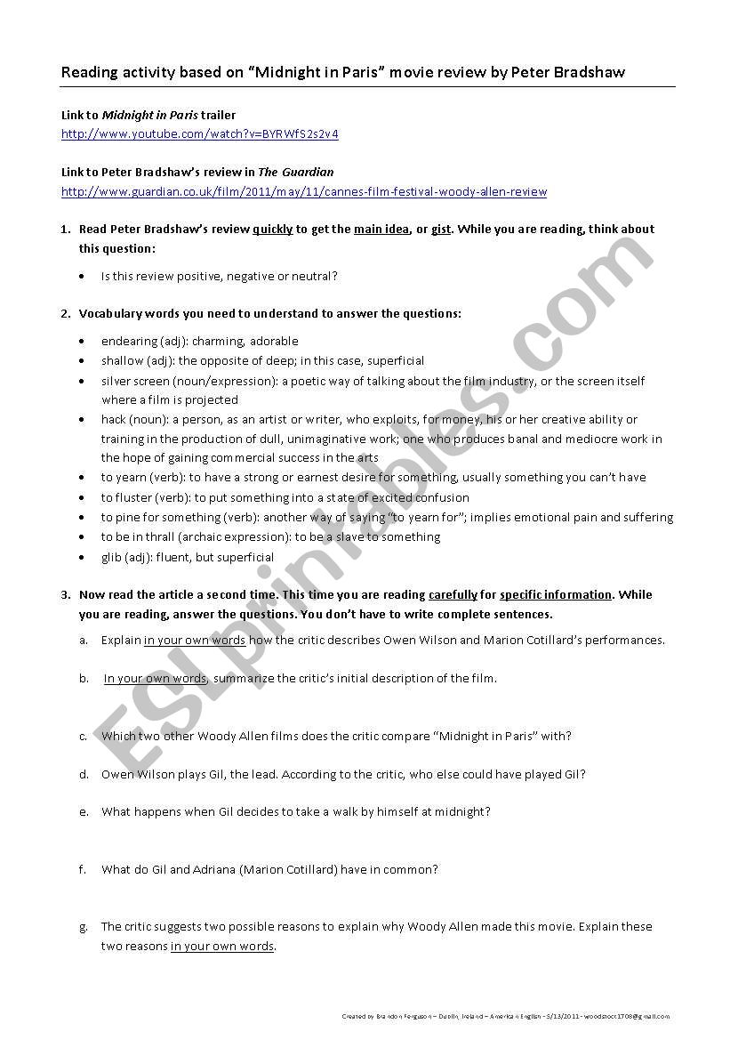Reading activity based on movie review of Woody Allens Midnight in Paris