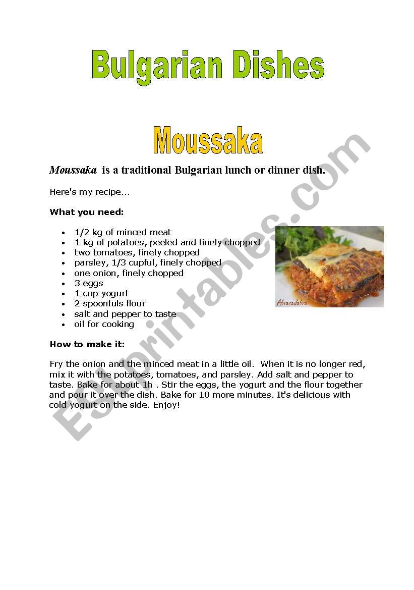 Bulgarian dishes worksheet