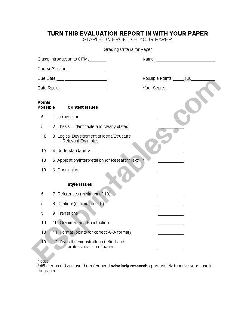 Rubric for grading papers worksheet