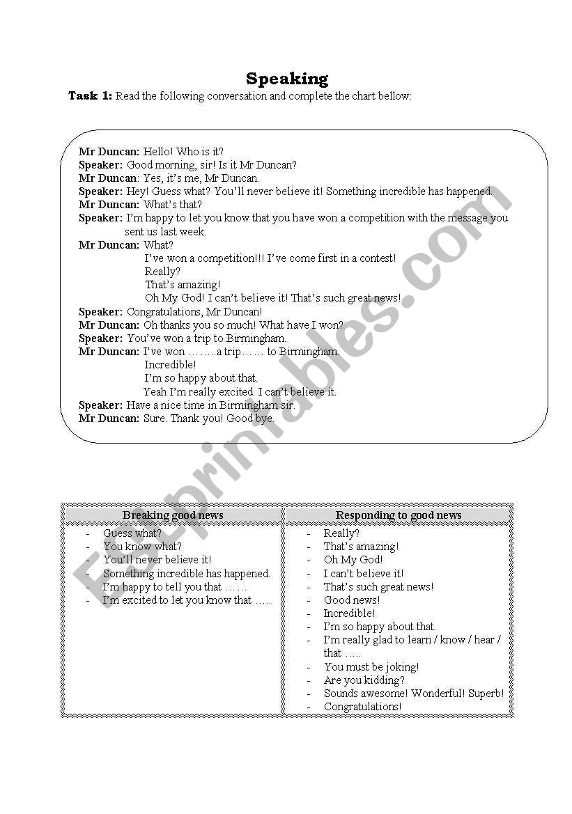 speaking :bad news! worksheet