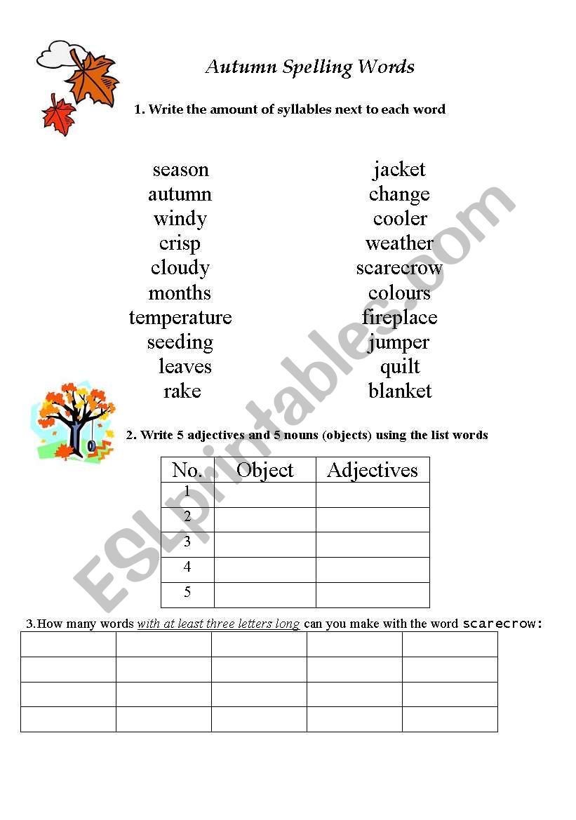 Autumn Spelling Words worksheet