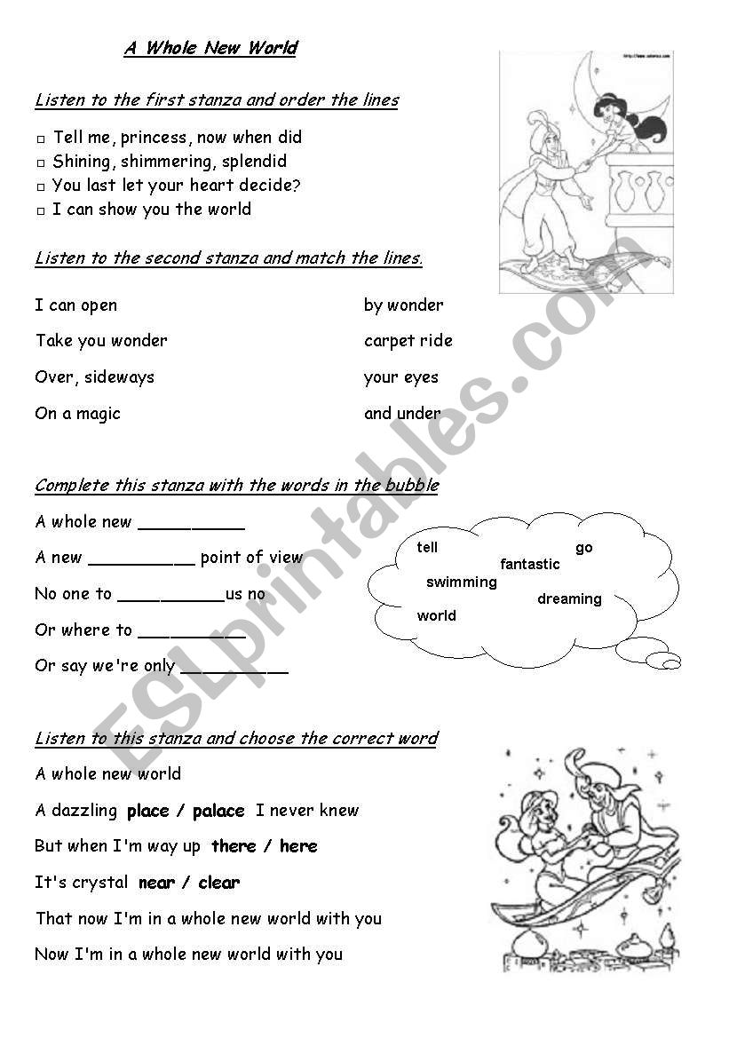 Teaching Of A Song A Whole New World Aladdin Esl Worksheet By Gabycary
