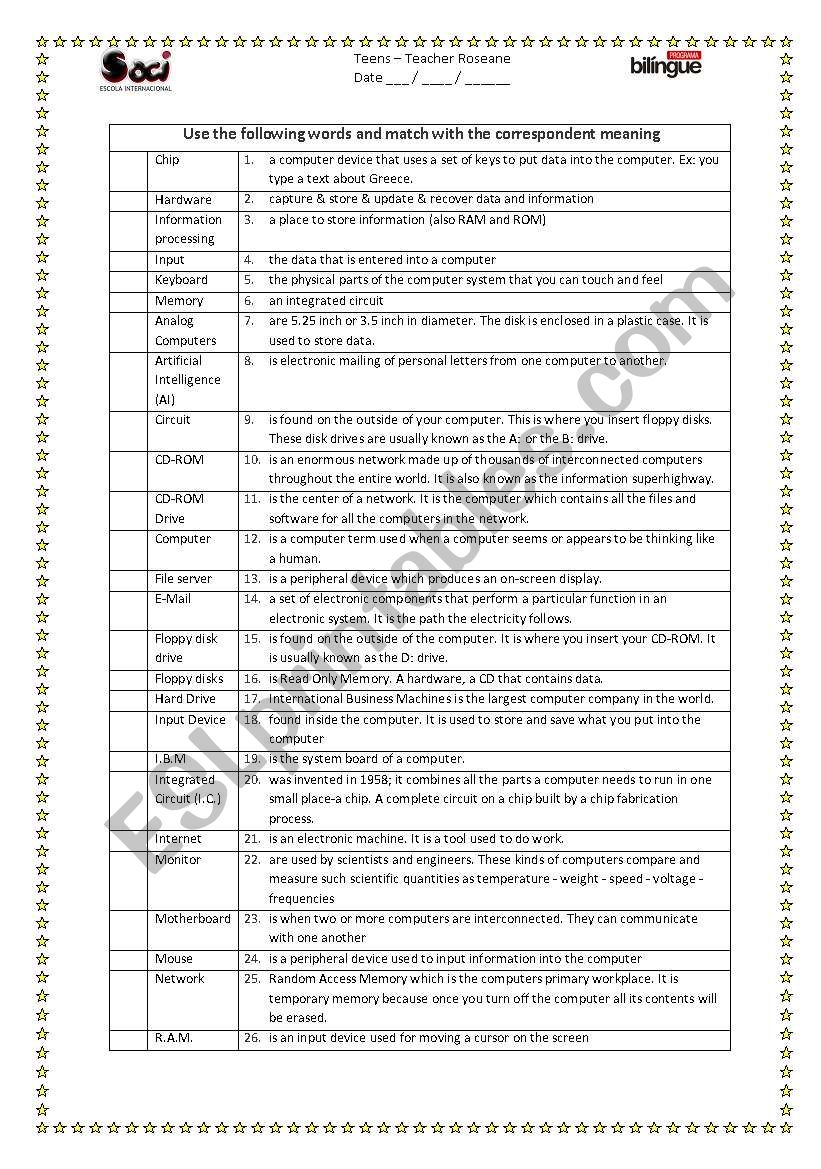 Match words technology worksheet