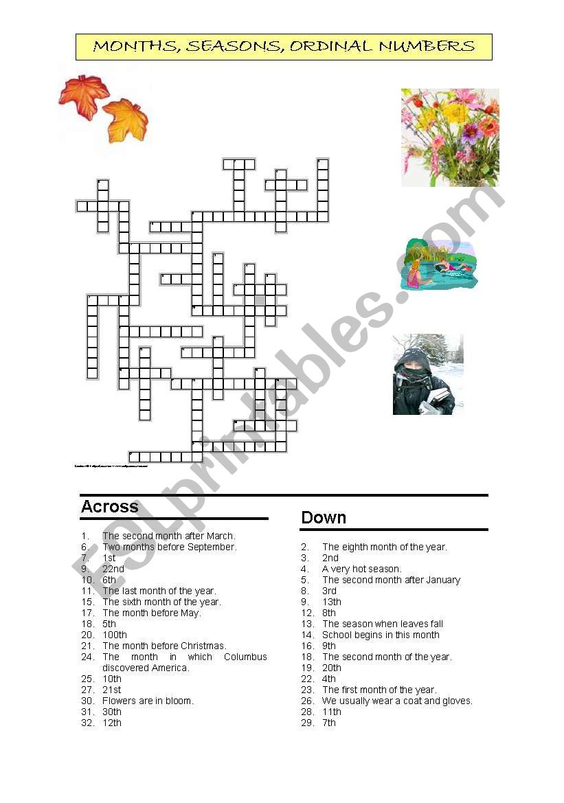 Months, seasons, ordinal numbers crossword.