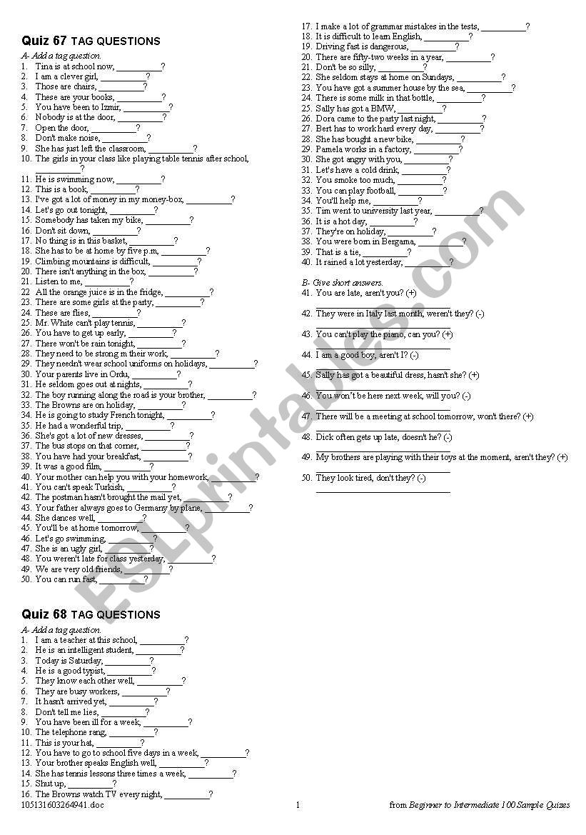 Tag questinos worksheet