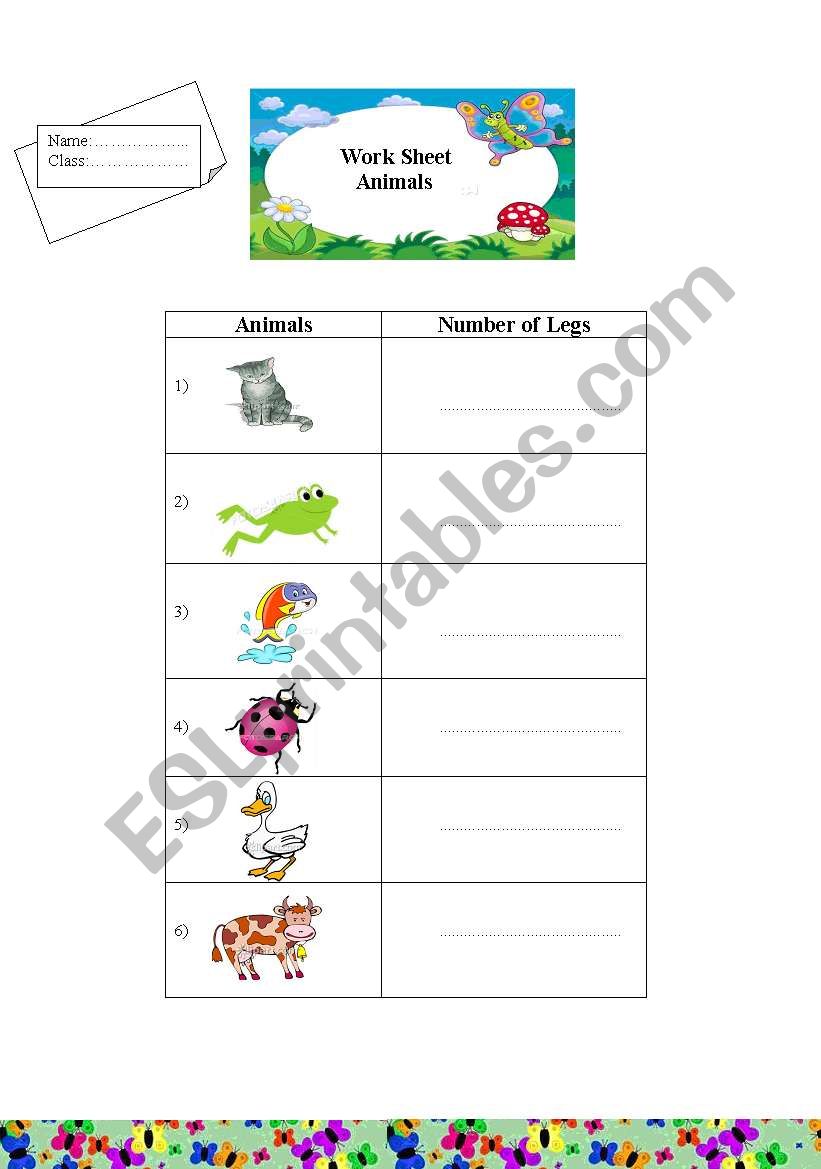 Animals number of legs worksheet