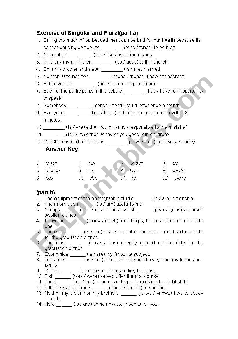 Exercise of Singular and Plural