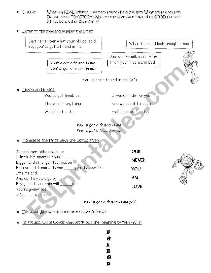 Toy Story Song You Ve Got A Friend In Me Esl Worksheet By Any S