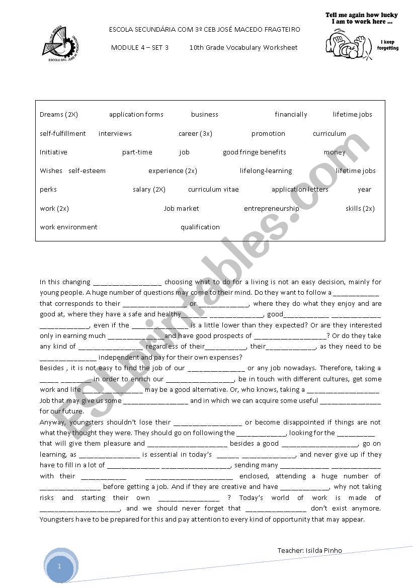 Work Voacabulary loze worksheet