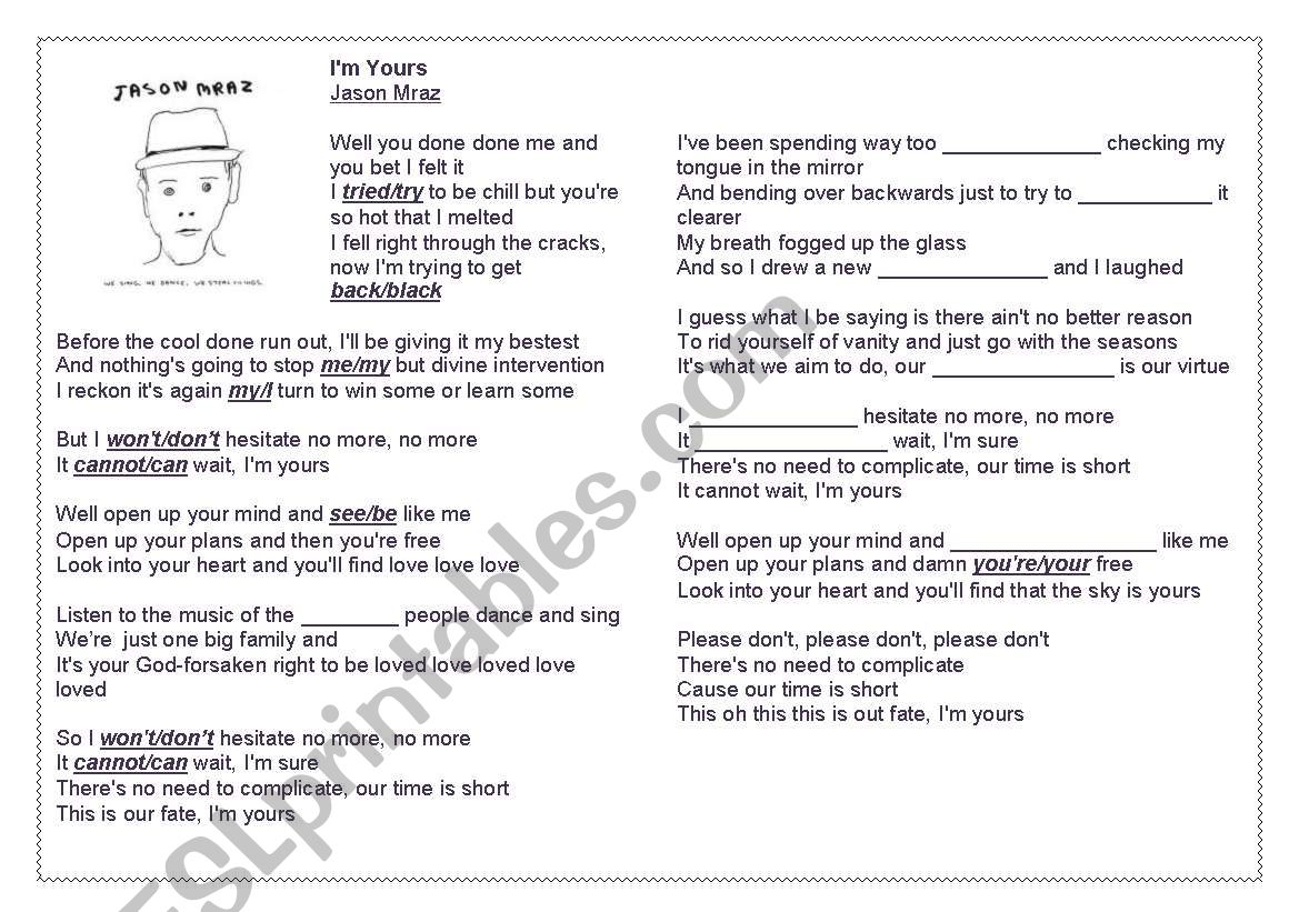 SONG ACTIVITY: Jason Mraz - I´m Yours - ESL worksheet by agsaito