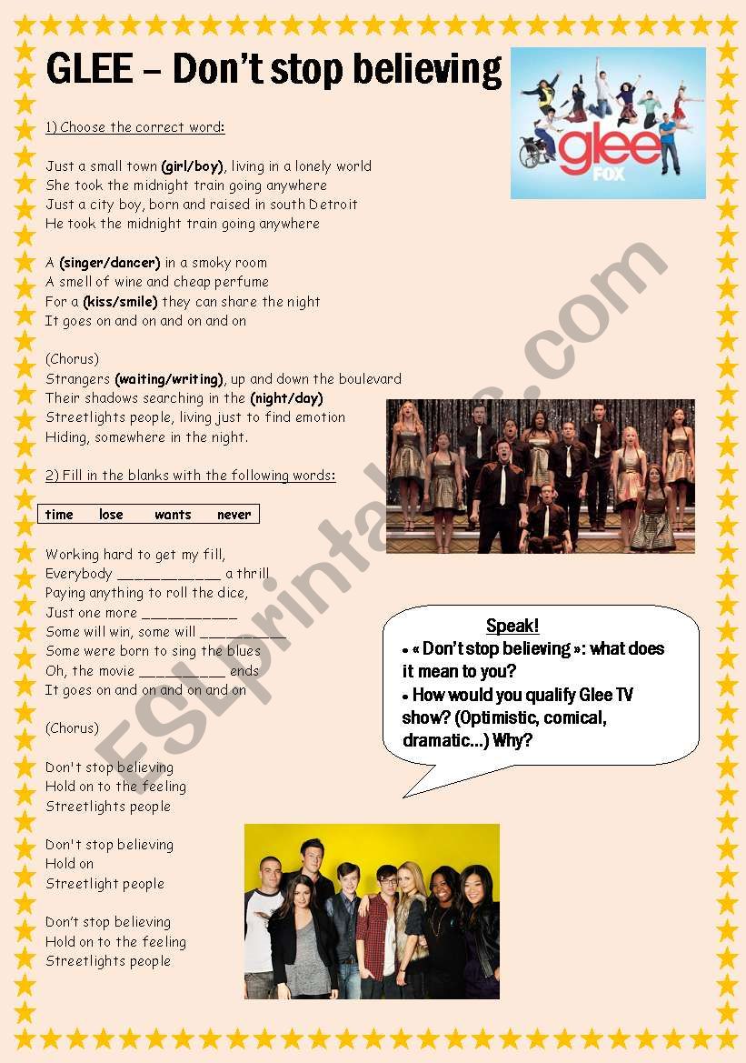 Glee - DonÂ´t stop believing worksheet