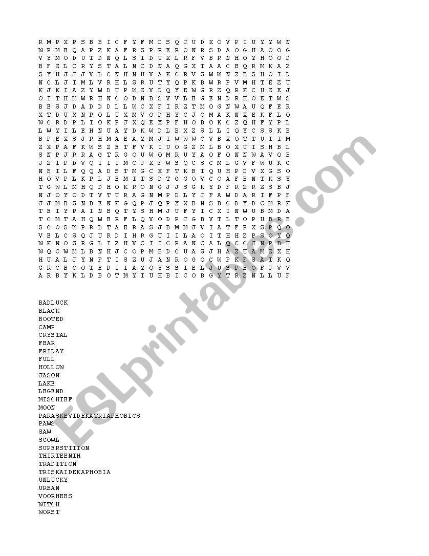 Friday the 13th Word Search worksheet