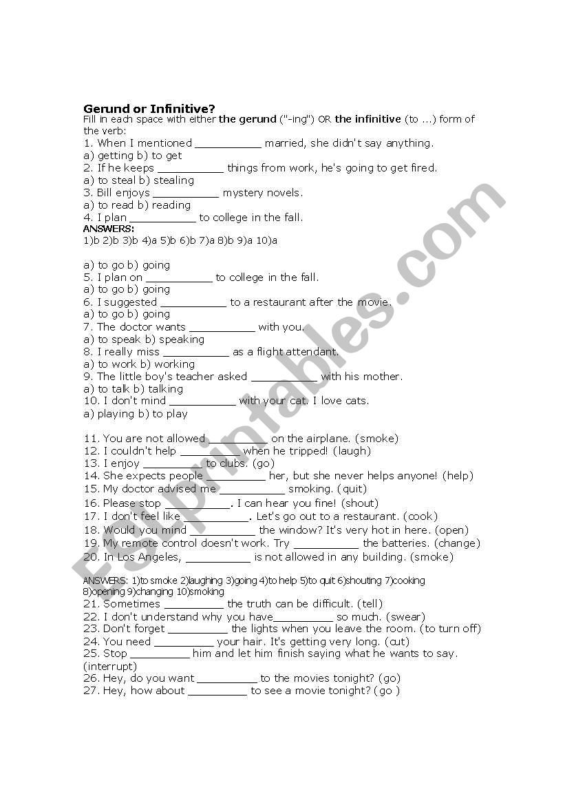 Gerund or Infinitive worksheet