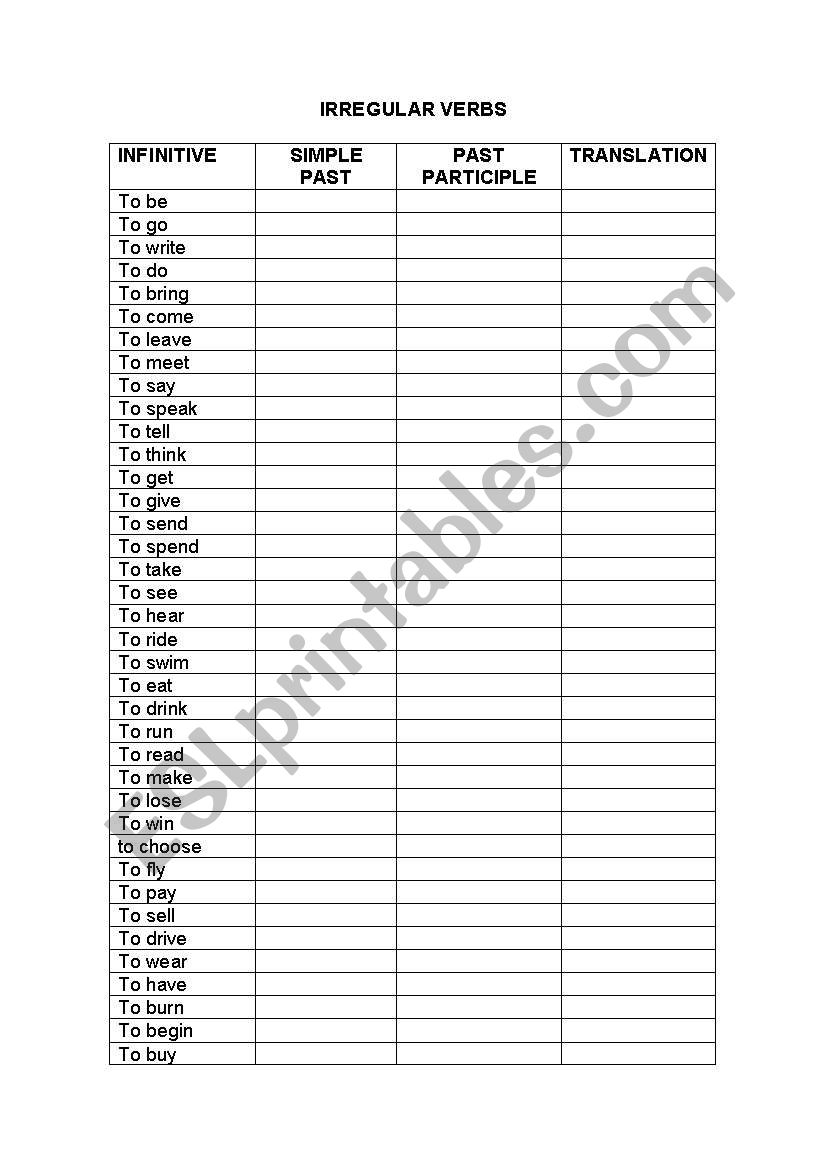 Irregular Verbs worksheet