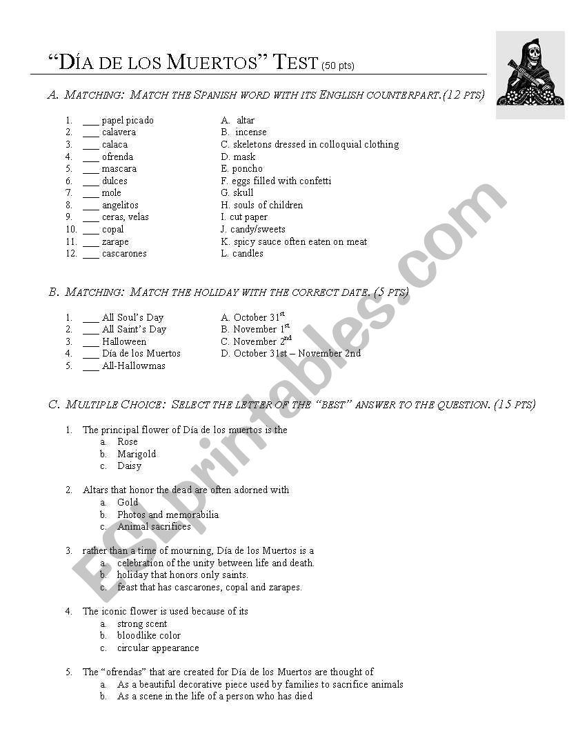 English worksheets: Day of the Dead Test With Regard To Dia De Los Muertos Worksheet