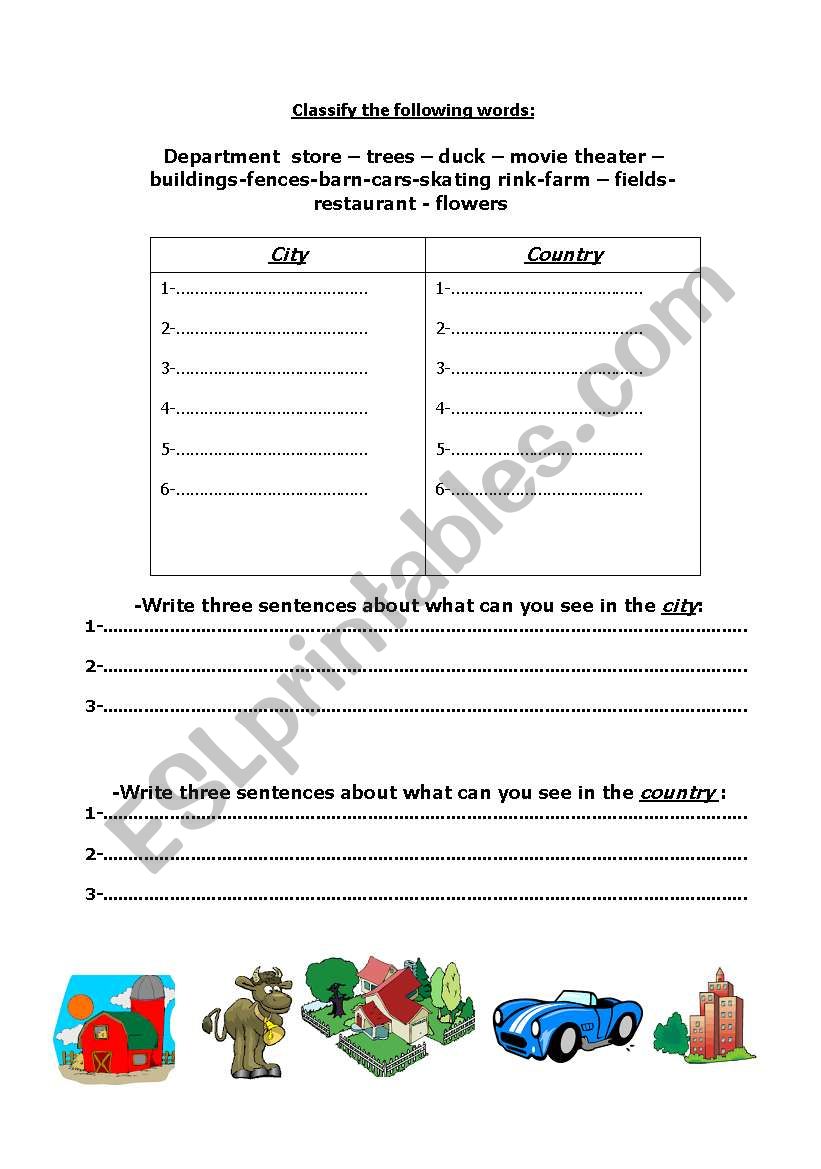 city and country worksheet