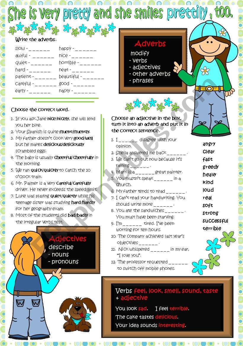 SheÂ´s very pretty and she smiles prettily, too. - ADJECTIVES & ADVERBS (B&W + KEY included)