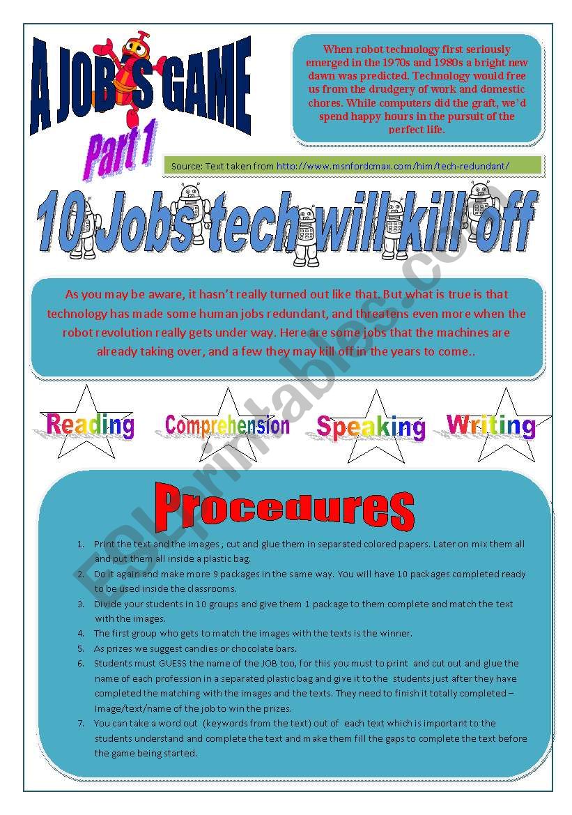 JOBS - (4 Pages) READING ACTIVITY - GAME 10 JOBS TECH WILL KILL OFF  Part 1 of 2