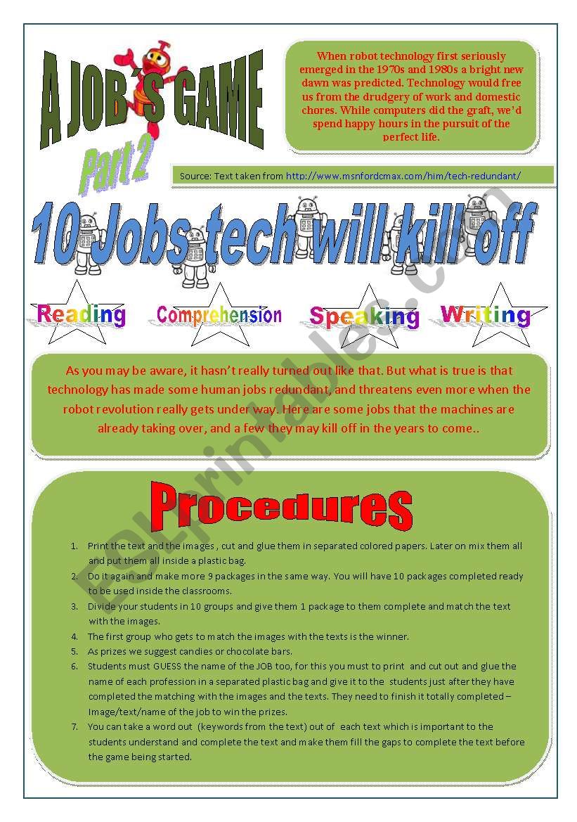 JOBS - (4 Pages) READING ACTIVITY - GAME 10 JOBS TECH WILL KILL OFF  Part 2 of 2