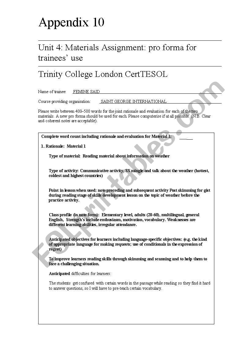 Material for trainees worksheet