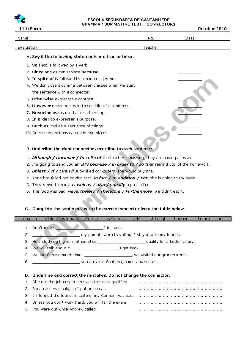 Connectors worksheet