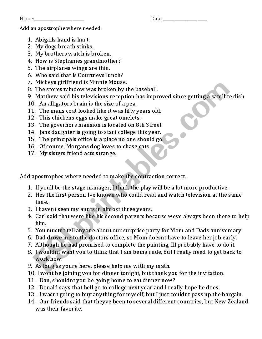 Apostrophes worksheet