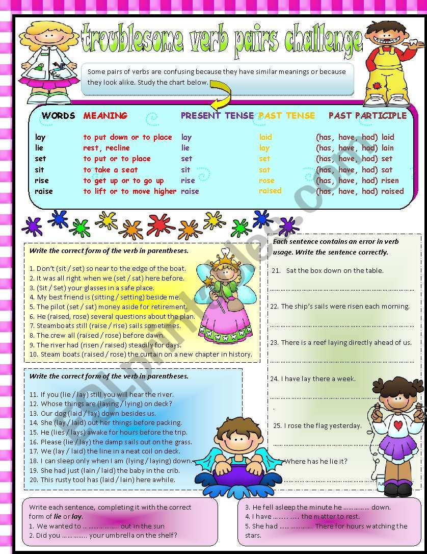 Troublesome Verb Pairs: sit, set, rise, raise, lay, lie,*EDITABLE*