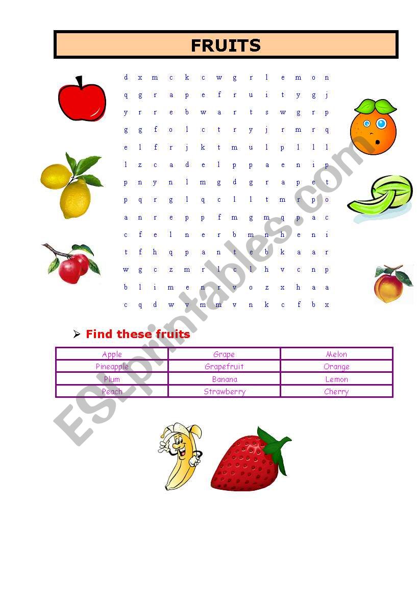 fruits word search worksheet