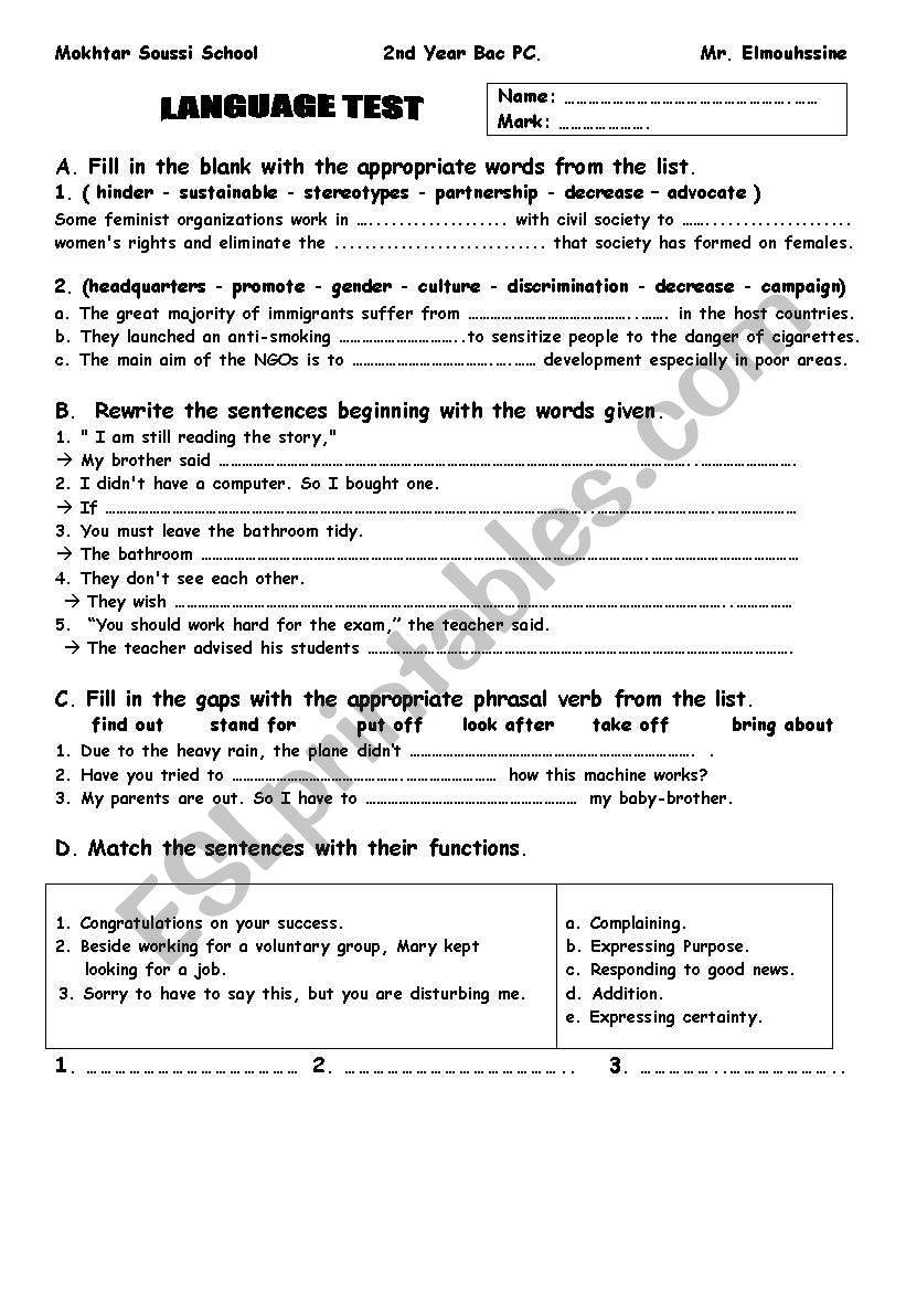 Language test worksheet