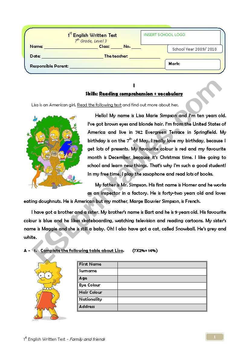 Family Test (7th grade) + correction