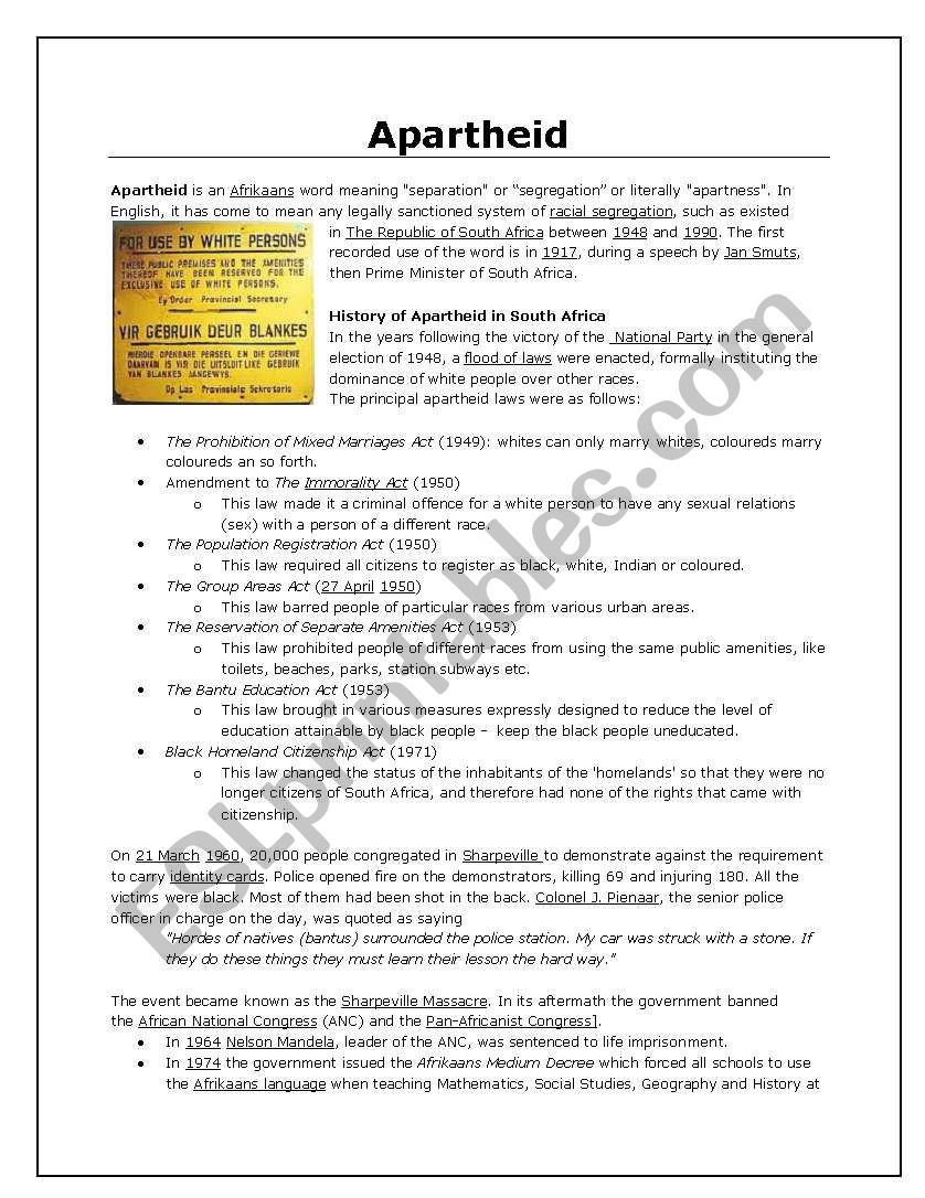 Apartheid comprehension worksheet