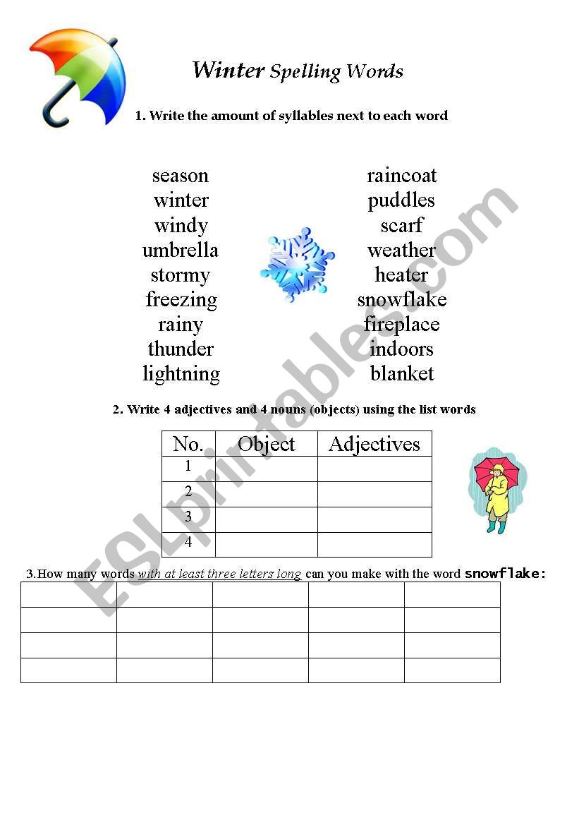 Winter Spelling Words worksheet