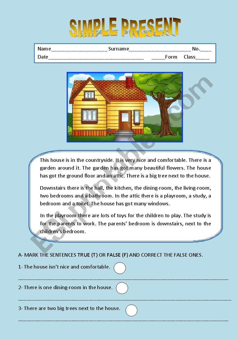 SIMPLE PRESENT AND THE HOUSE worksheet