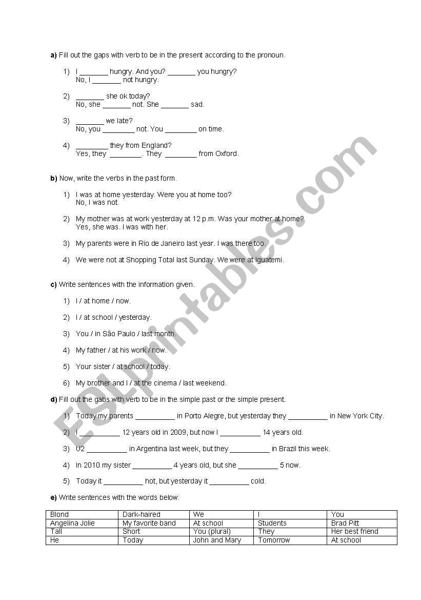 Verb to be - Present and Past worksheet