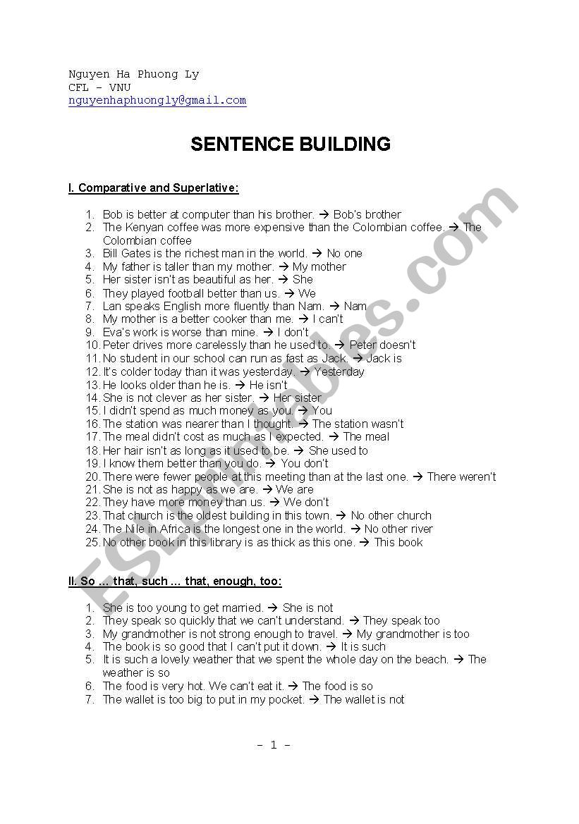 Sentence Building worksheet
