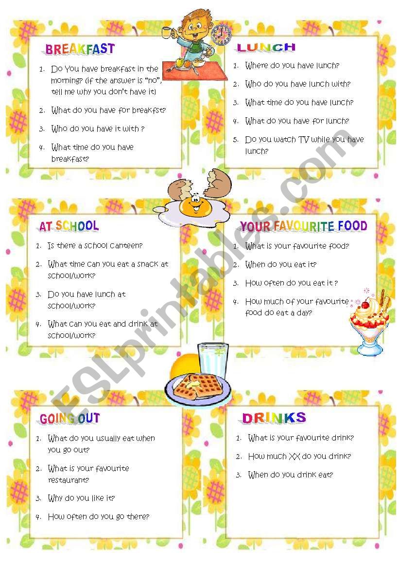 Questions: EATING AND DRINKING HABITS **conversation cards ** set 3: ideal for oral tests or to practise in pairs