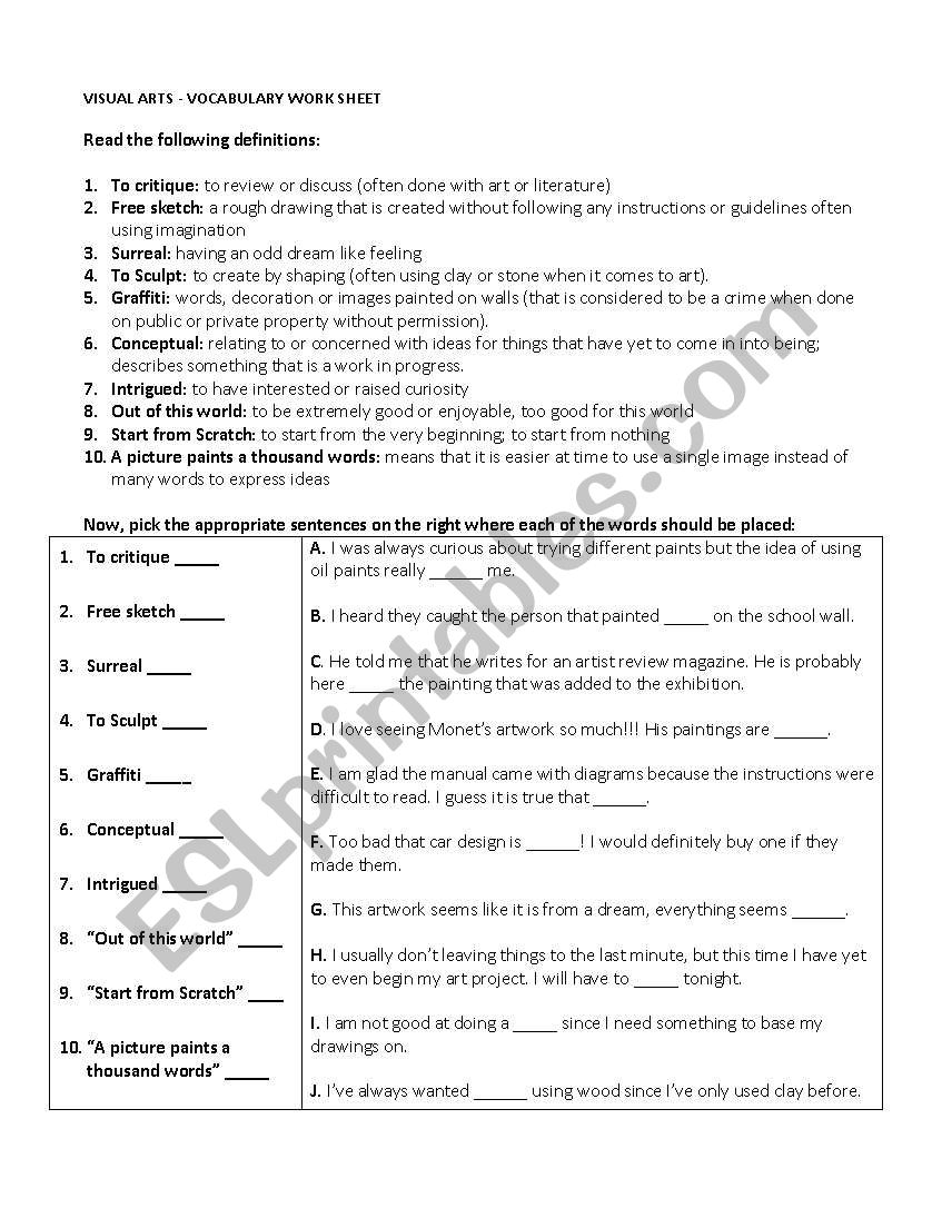 Vocabulary Worksheet - Visual Arts