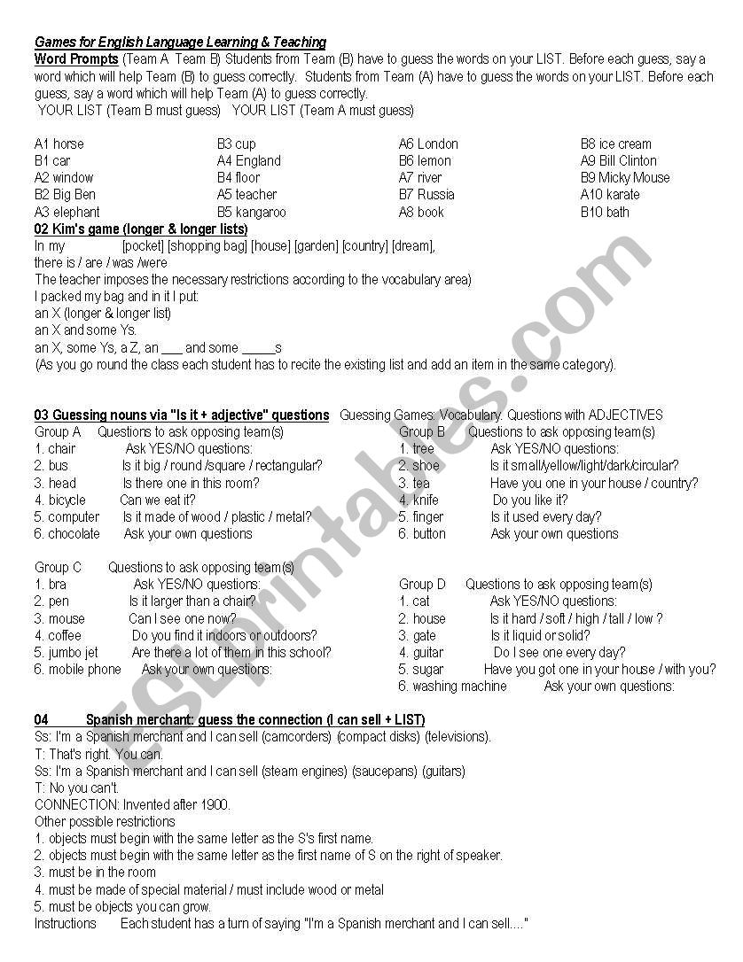 Games worksheet