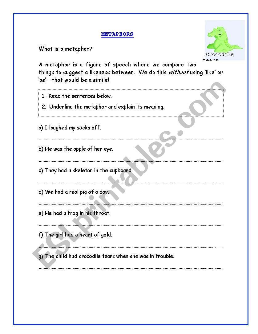 What is a metaphor? - ESL worksheet by 25 In Similes And Metaphors Worksheet