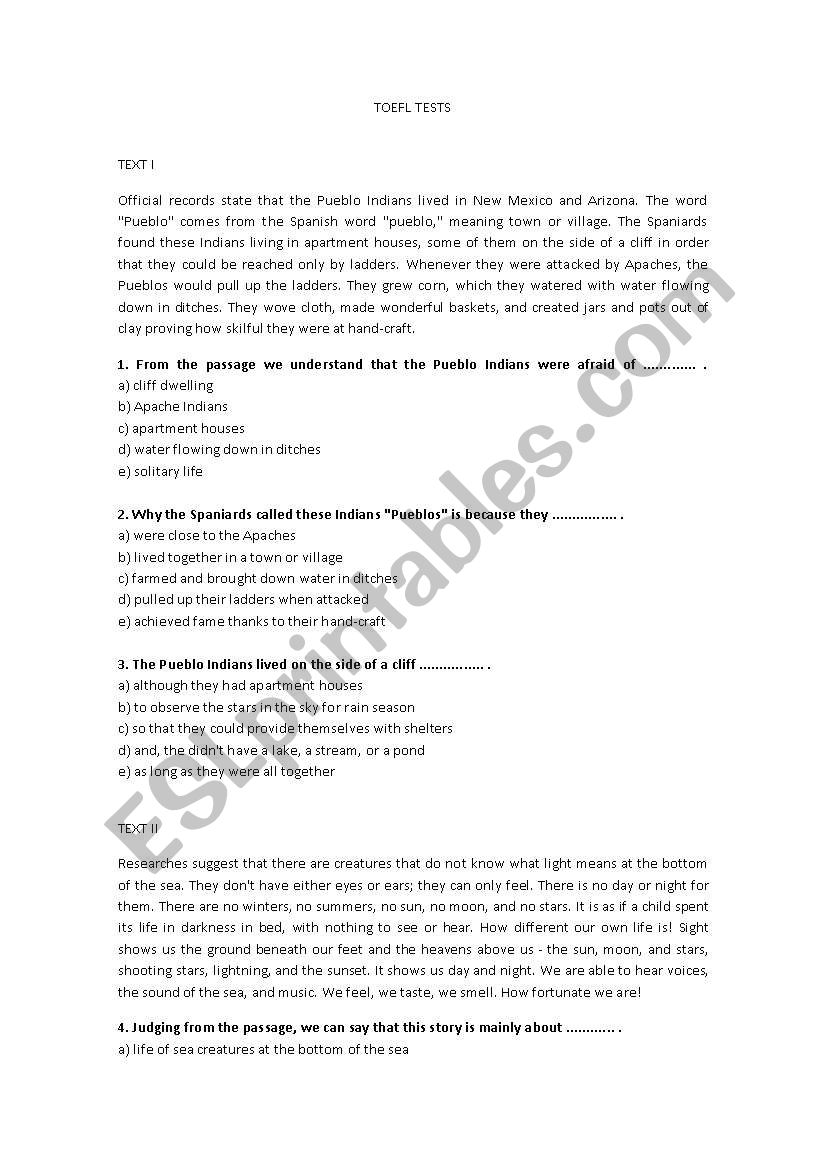 TOEFL TESTS worksheet