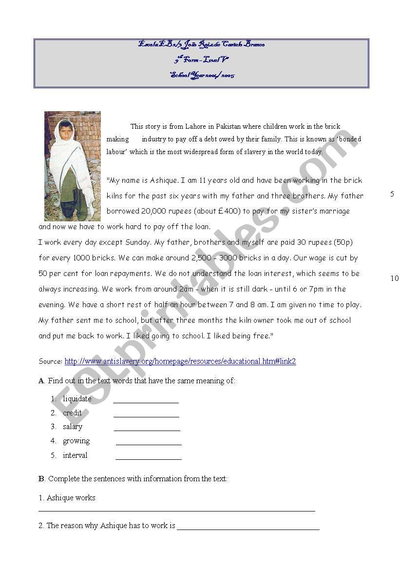 World problems:child labour worksheet