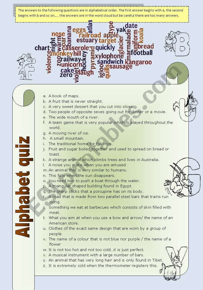 Alphabet quiz and word jumble suitable for elementary-upper intermediate and  for all ages