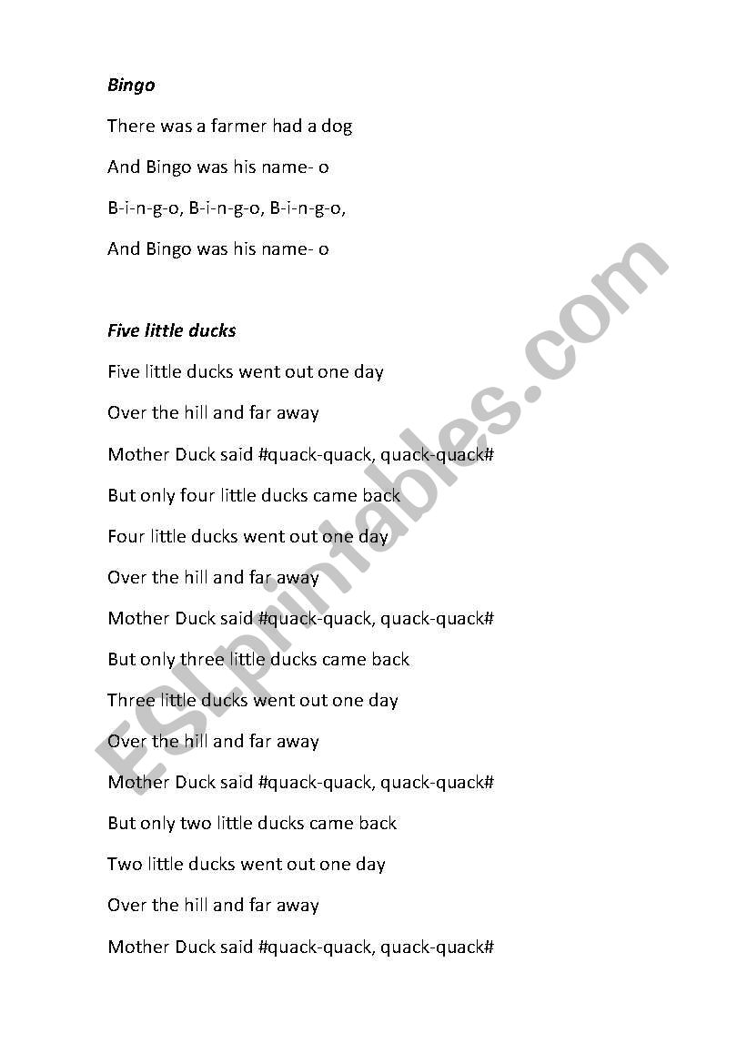 songs for kids worksheet